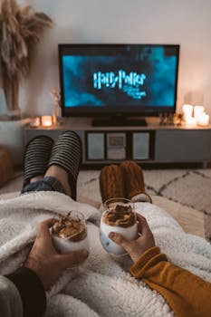 A couple enjoys a cozy movie night with drinks, wrapped in blankets, watching a Harry Potter film on TV.